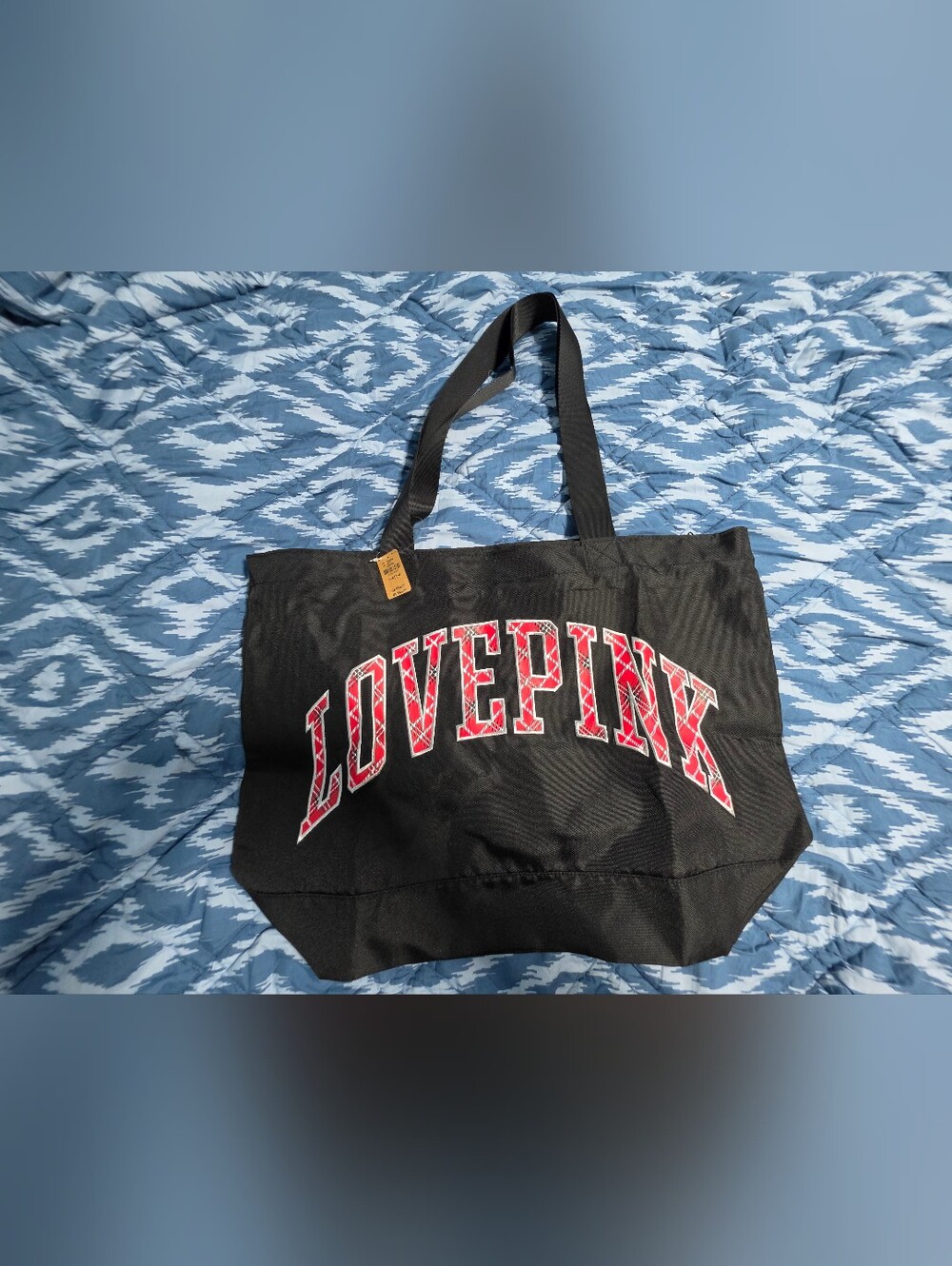 Black Tote Bag with Red Plaid 'LOVE PINK' Graphics Full Zip Closure.